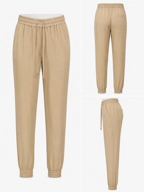 Theory Cortland Summer Silk Jogger Pants Beige Tan 100% Silk Drawstring Size 0